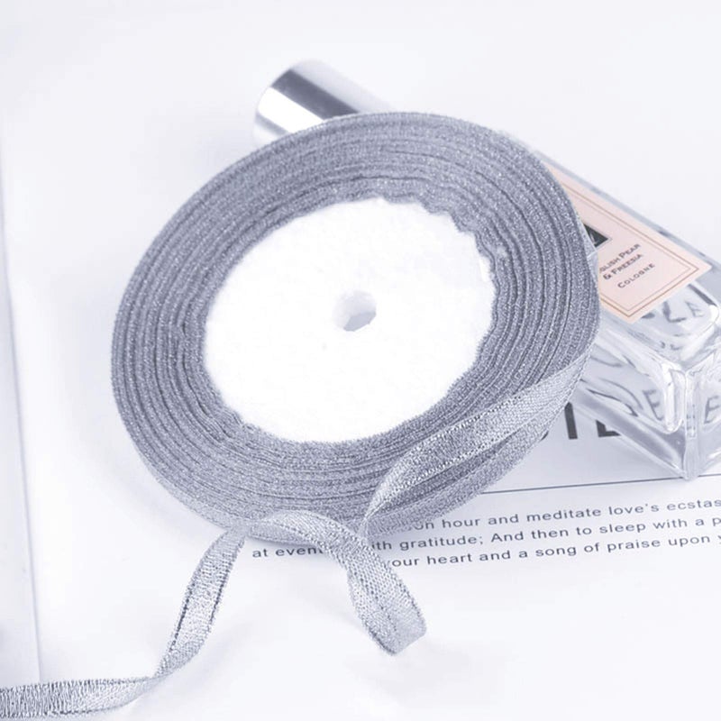 Oubaka 4 Roll Christmas Glitter Metallic Silver Ribbon,Glitter Ribbon for Gift Crafters Wedding Party Birthday Wrap Hair Bows Floral Projects Wrapping Decorations DIY Crafts Arts(1/4inX22m) - Image 4